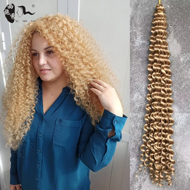 Long Deep Wave Synthetic Hair Extensions para mulheres negras, Ombre, Brown, Natural Ocean Wave, Curly Crochet, Braing Twist