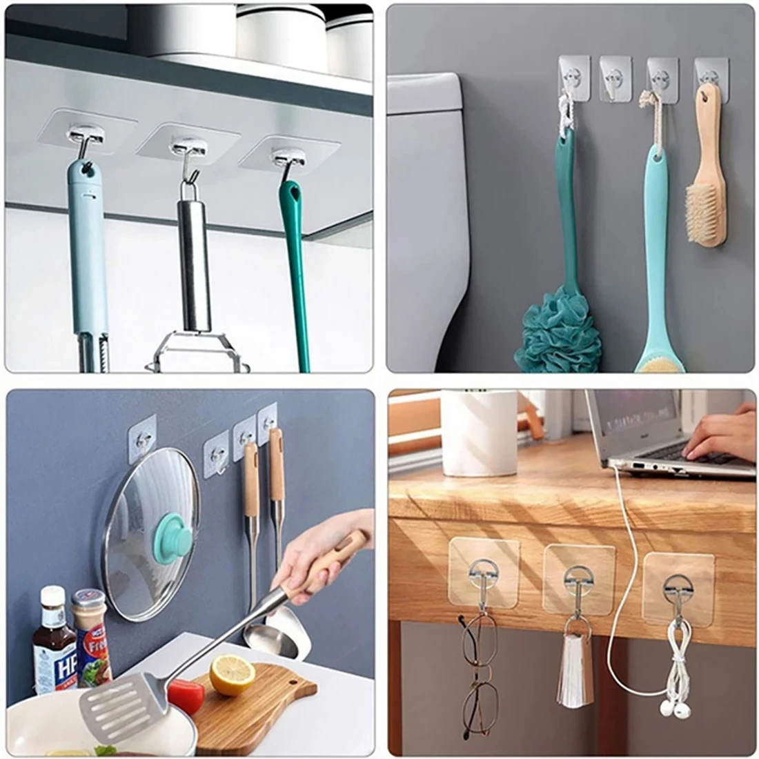 10PCS Transparent Stainless Steel Strong Self Adhesive Hooks Key Storage Hanger for Kitchen Bathroom Door Wall Multi-Function