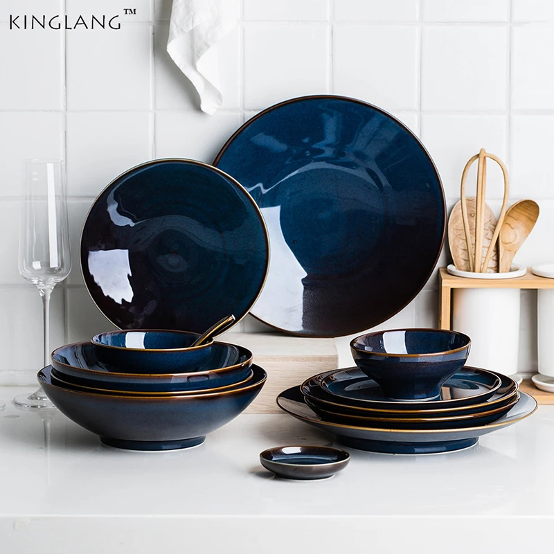 Kinglang Dim Deep Blue Color Ceramic Tableware European Retro Glazed Dinnerware Pottery Porcelain Dish Plate Household Rice Dish