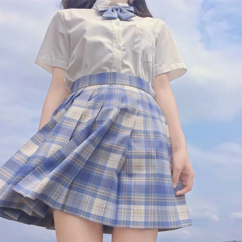 [Eis] Japanischen Mädchen Sommer Blau Plaid Hohe Taille Gefaltete Röcke Plaid Röcke Frauen Kleid Für JK Schule uniform Studenten