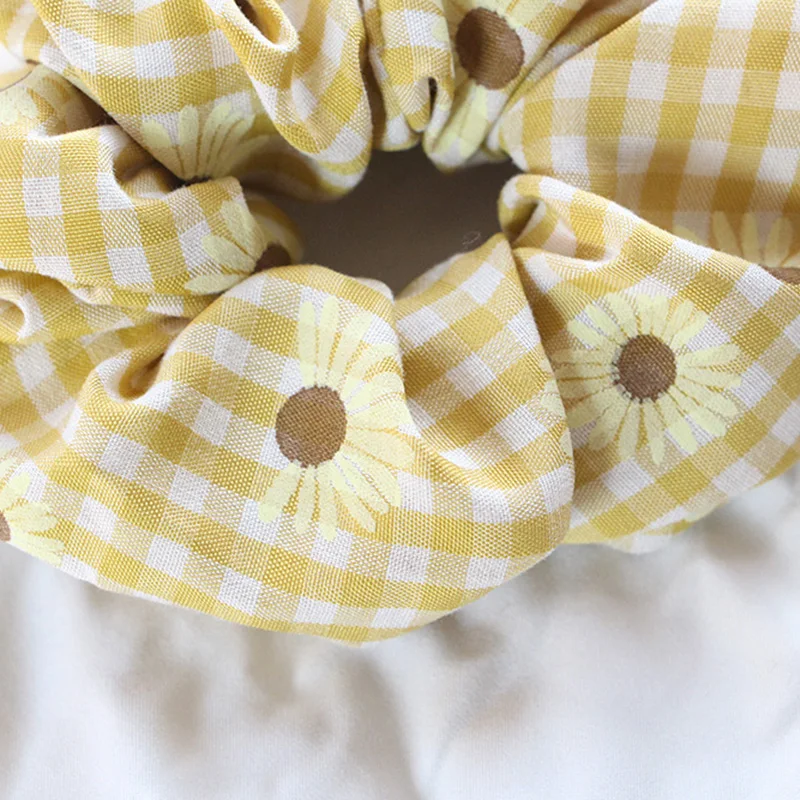 Ladies Plaid Scrunchy Lovely  Daisy Flowers Print Cotton Ponytail Rope Bands Holder Vintage Floral Hair Band  Hair Gum Scrunchie