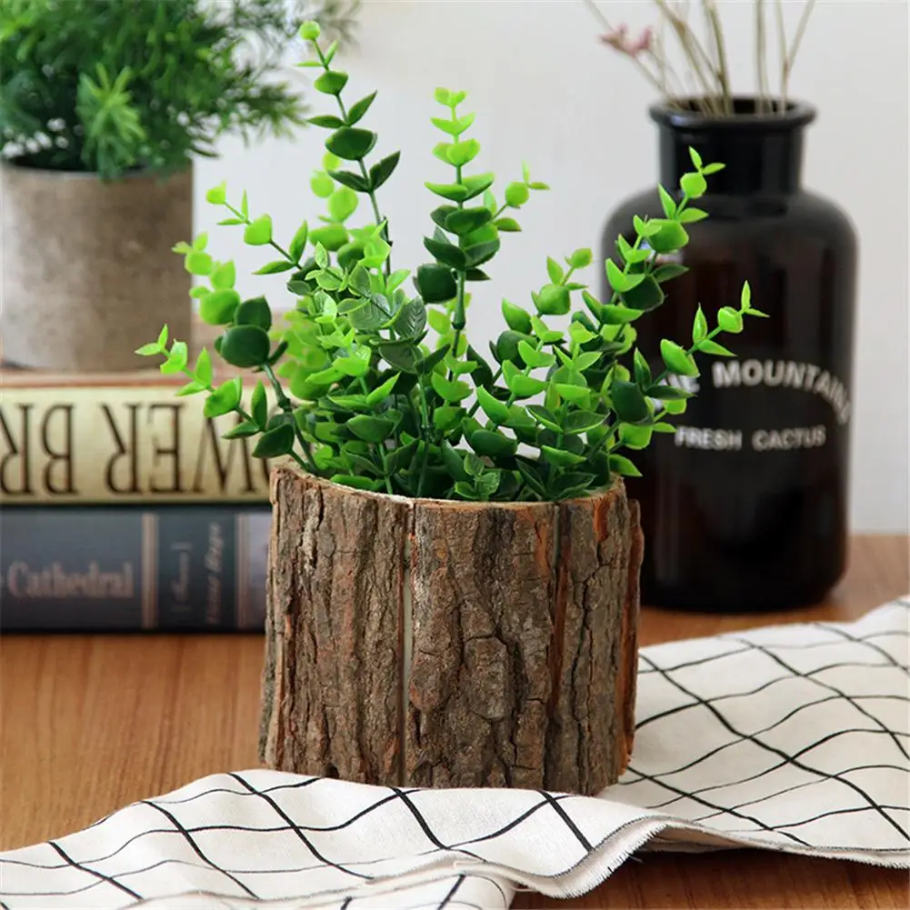 Wooden Plant Pot Vintage Round Table Decorative Style Wooden Flowerpot Fake Tree Bark Succulent Plants Creative Container