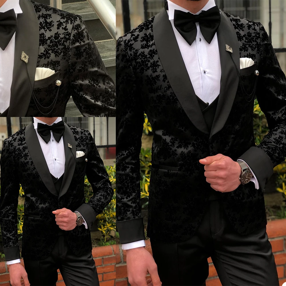 Ternos masculinos pretos de casamento 3 pçs, feitos em renda, padrinhos de noivado, roupa formal, para negócios