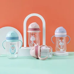 300/400ml Non-Spill Baby Water Bottle With Straw Gravity Ball Kids Feeding Cup School Drinking Water Bottle With Handle Strap