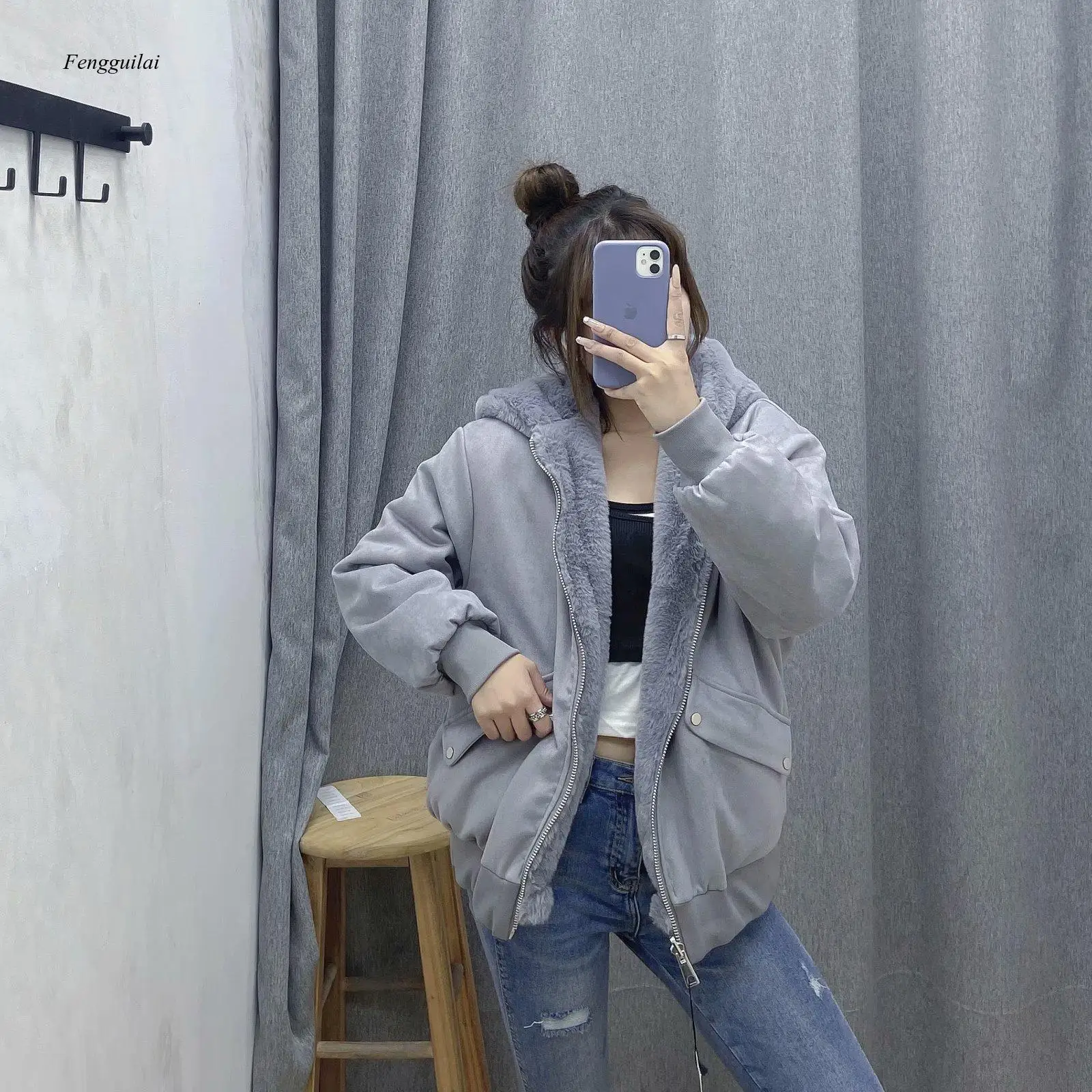 Nữ Mùa Đông Cao Cấp 2021 Đẹp Thanh Lịch Lông Hoodie Sang Trọng Phối Trên Cả Hai Mặt