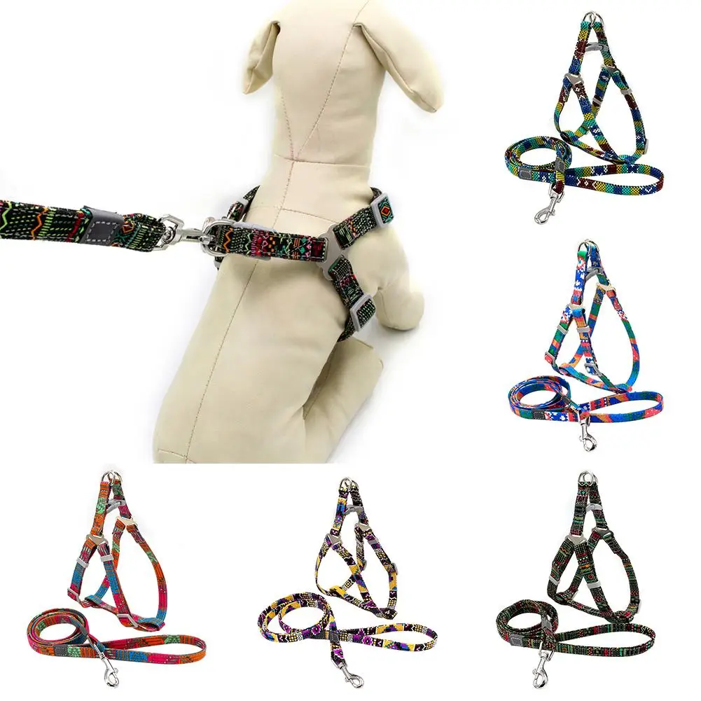 S/M Bohemian Style Breathable Dog Puppy Strappy Vest Harness Leash Reflective Pet Chest Straps Double-layer Canvas Pet Leashes