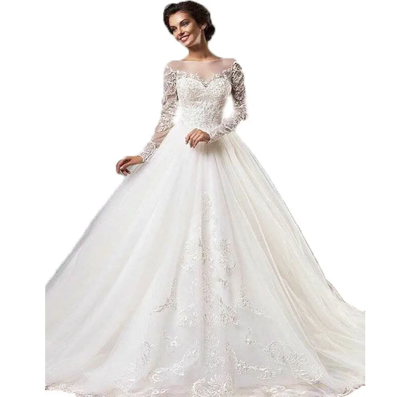 

2021 Romantic Long Sleeve Vestido de Noiva Boat Neck Court Train robe de mariee bridal gown lace mother of the bride dresses