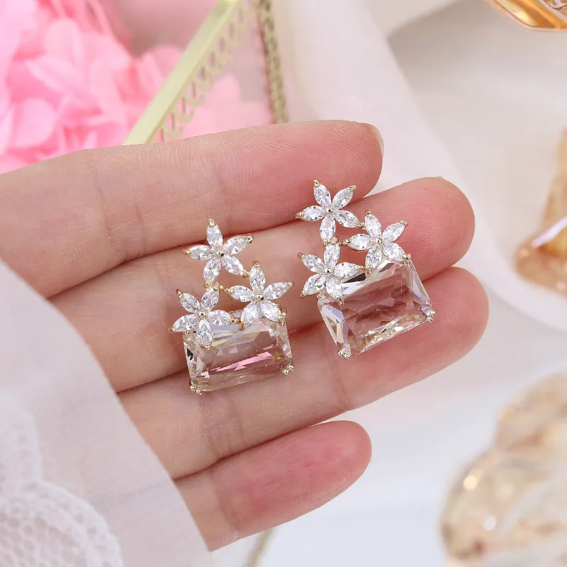 Korea New Design Fashion Jewelry 14K Real Gold plating Zircon Flower Square Glass Earrings Elegant Women's Wedding Earrings