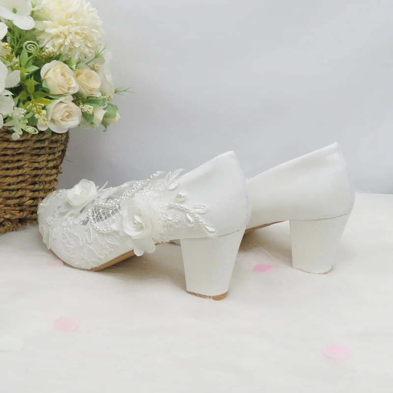 2024 New Customize  wedding shoes Bridesmaid Dress shoes Thick Heeled Med Heel Shoes white Lace shoes flower female shoes