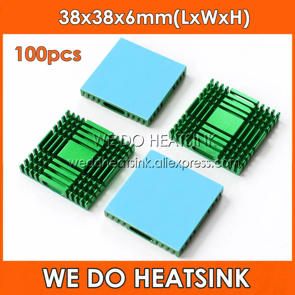 

WE DO HEATSINK 100pcs 38x38x6mm Heat Dissipation Green Slotted Anodized Cooling Heatsink Aluminum With Thermal Tape Pad