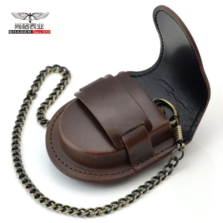 Fashion Male Back Brown Cover Vintage Classic Pocket Watch Box Holder Storage Case Coin Purse Pouch Bag With Chain Mechanical