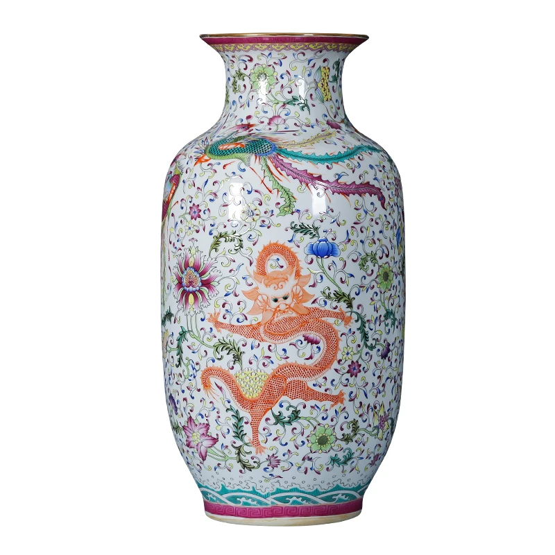 Jingdezhen Ceramic Floor Vase Pastel Antique Porcelain Vase Dragon Phoenix Large Vase  Gourd Vase Retro Home Decoration