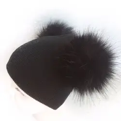 Bonnet à oreilles en fausse fourrure et laine pour enfants, bonnet avec deux doubles pompons, pour garçons et filles, hiver