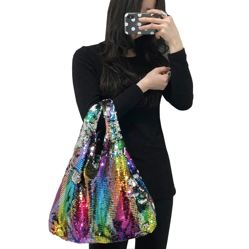 

Fashion Bling Bag Female Handbag Hologram Laser Bags for Women Handbags for Girls Reversible Sequin Bag Rainbow Color Mermaid