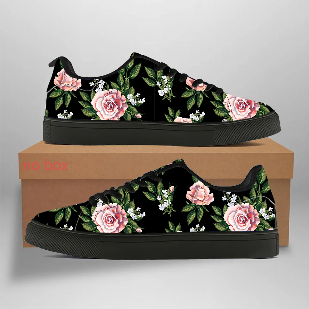 

Noisydesigns Spring Men's White Black Lace-up PU Leather Sneakers Rose Print Flat Comfortable Sport Shoes Fashion Outdoor