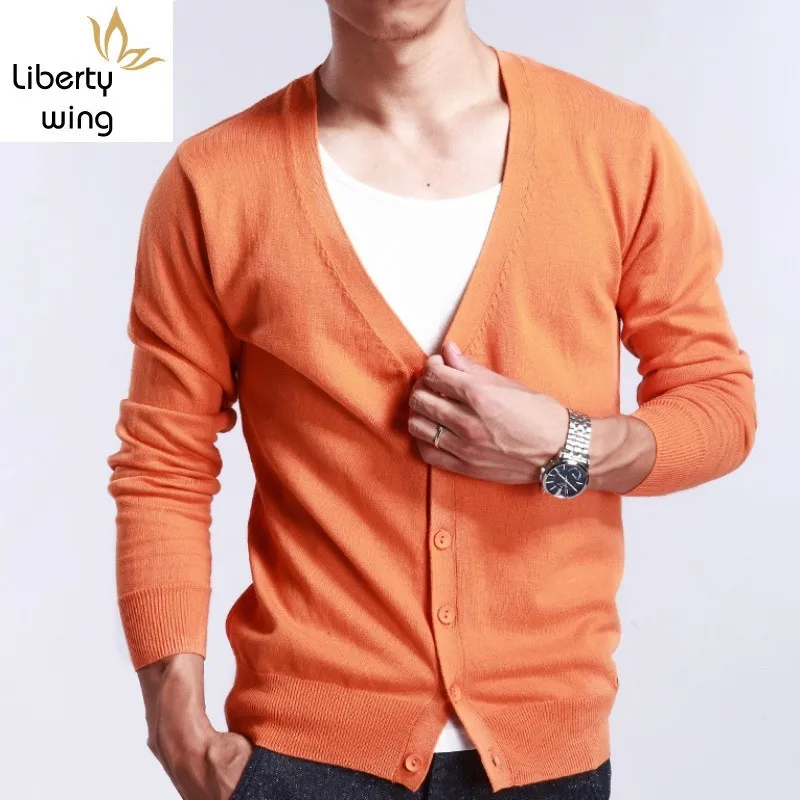 Autumn V Neck Mens Overcoat Businessmen Thin Slim Fit Knitted Sweater Full Sleeved Comfort Cardigan Masculino