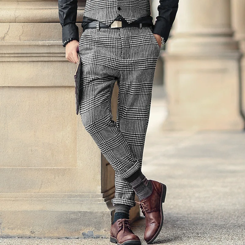 Classic Fit Mens Suit Pants Wool Tweed Coffee Slim Fit Pants Casual Trousers Groomman For Wedding Party