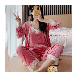 Pijama de terciopelo dorado para mujer, conjunto de 3 piezas de pijama de encaje de 4 colores, camisón Sexy de manga larga