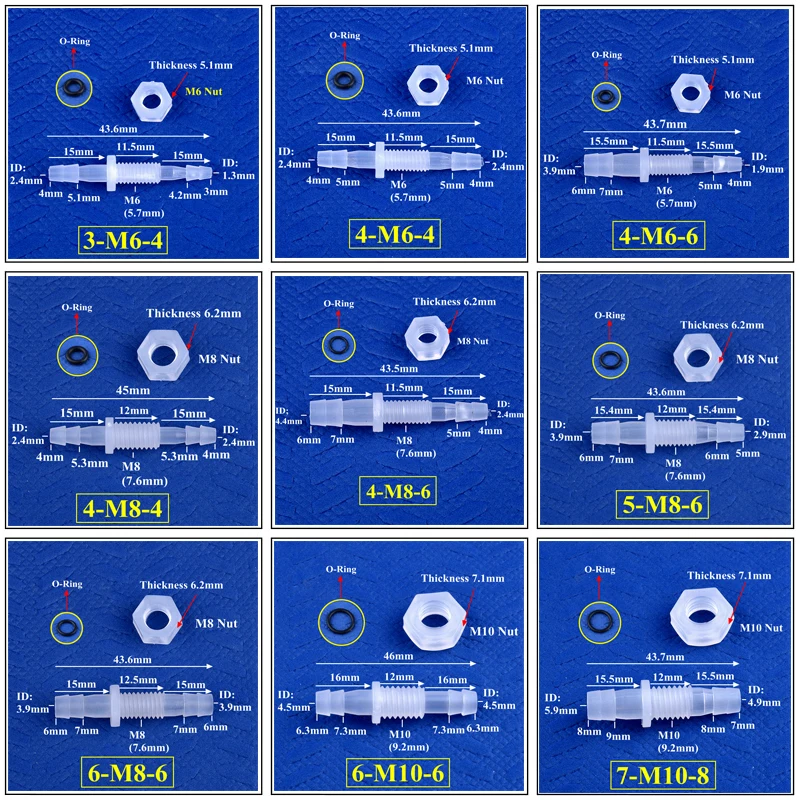 5~200Pcs M6~M10 To 3~8mm PP Pagoda Direct Connectors Hex Nut ​O-Ring Aquarium Tank Air Pump Adapter Go Through Plate Hose Joints