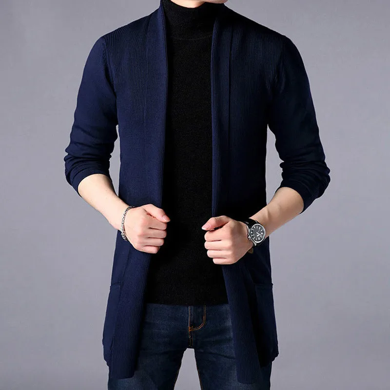 Casacos longos e finos de suéter masculino, jaquetas monocromáticas de malha, suéteres masculinos casuais, outwear cardigan, moda, outono, 2024