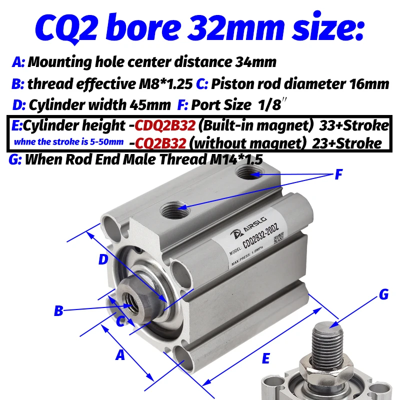 CQ2A12-10D Compact Cylinder Double Acting Single Rod CDQ2B12-20DZ With auto switch stroke 5-130mm CQ2A12-30DCZ CDQ2A12-20DZ-M9B