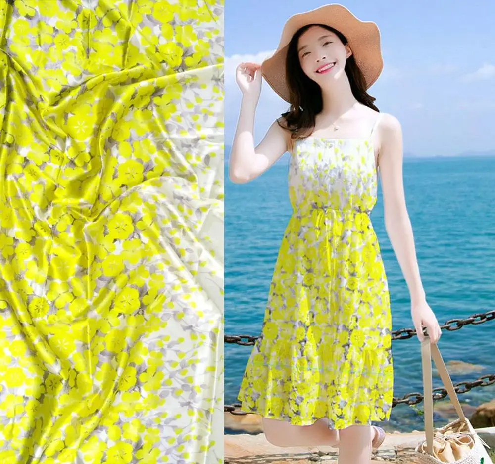 

Super Have 19 Momme Designer Yellow Flowers Print Satin Fabric Wide 140cm Woven Material For Curtain Cloth Dress 97% Silk Fabric