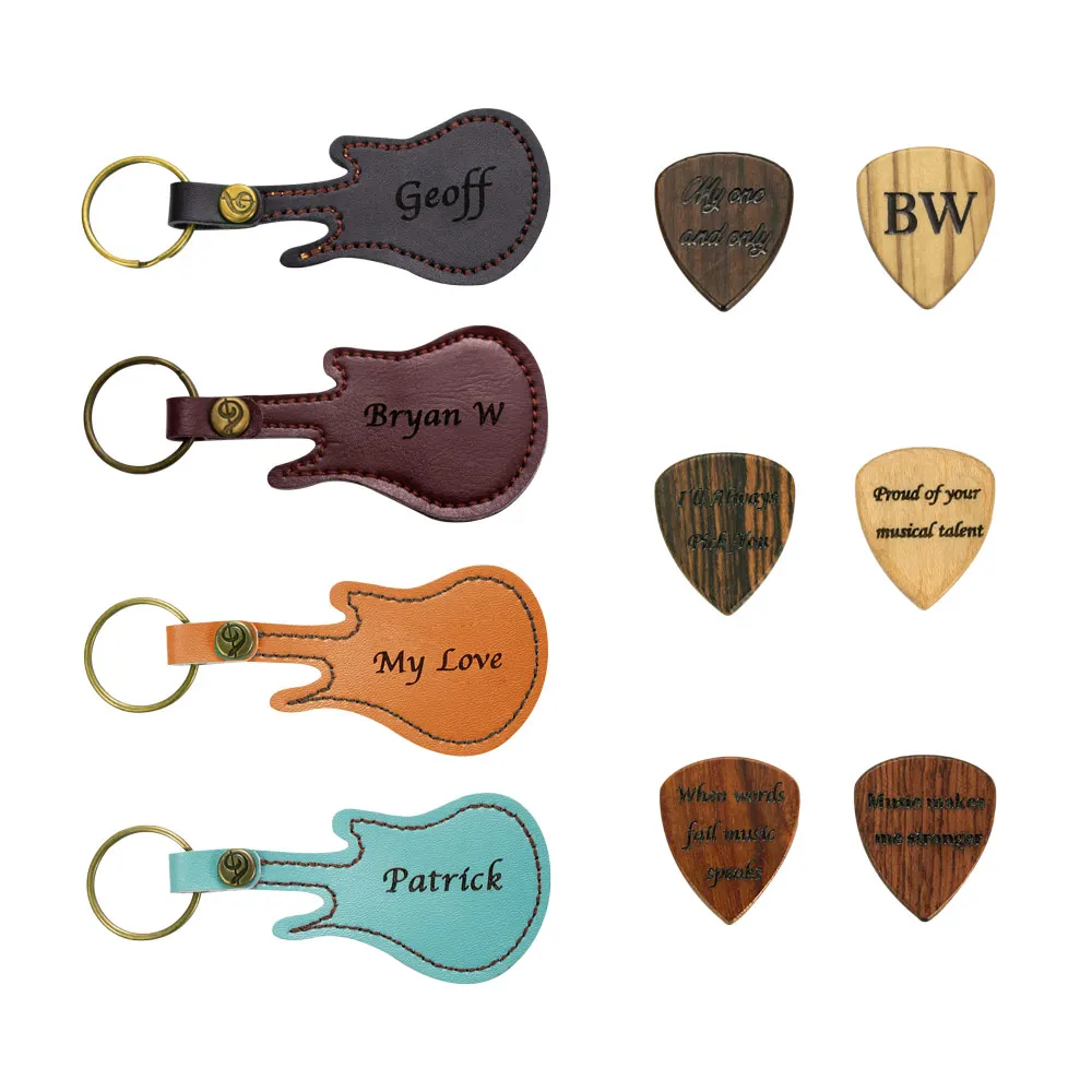 UONNEY Dropshipping Personalized Wood Guitar Pick with Leather Guitar Shaped Case Keychain for Music Enthusiast Multiple Colour