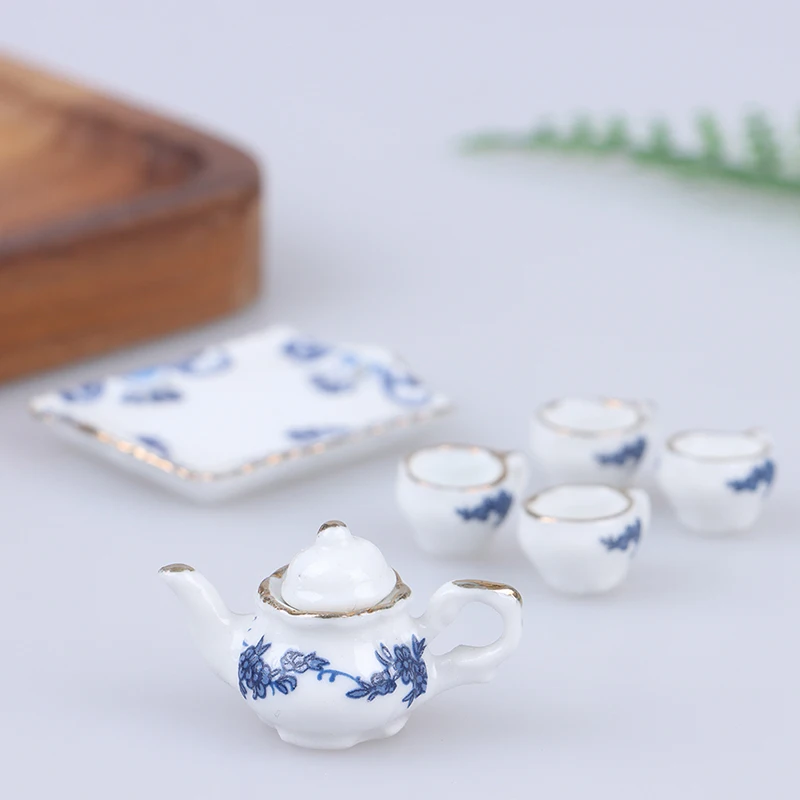 6pcs 1/12 Scale Dollhouse Miniature Mini Porcelain Blue Print Milk Pots Teapot Water Cups Set Dolls Room Furniture Decoration