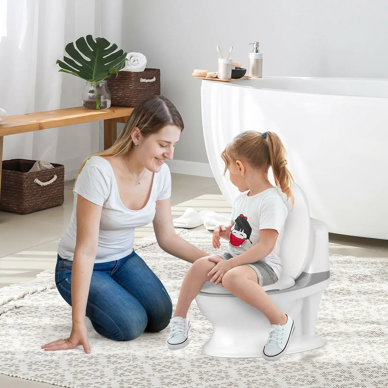 Babyjoy Kids Realistic Potty Training Transition Toilet w/ Sound Lighting Gray/Pink/Blue BB5522