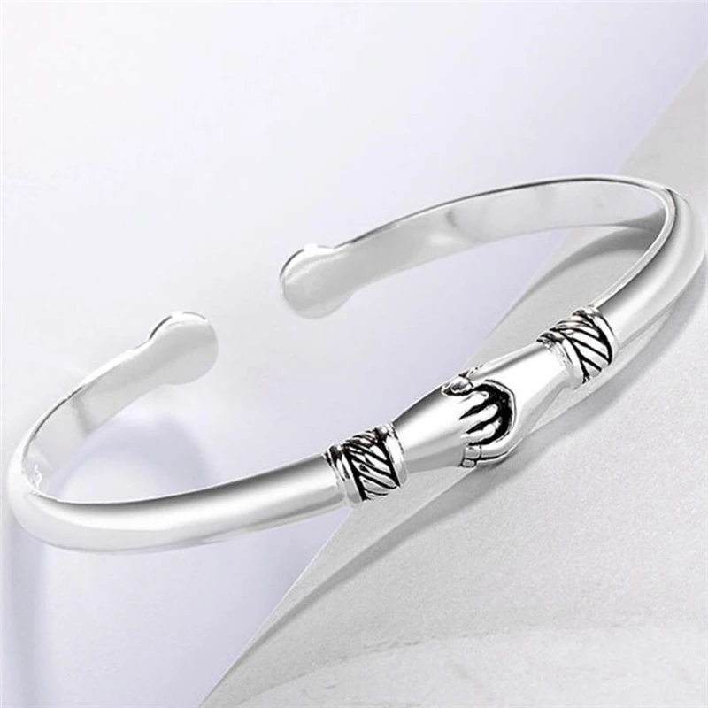 Shake Hands Retro Simple Gift Silver Color Temperament Female Trendy Resizable Opening Bangles SBR012