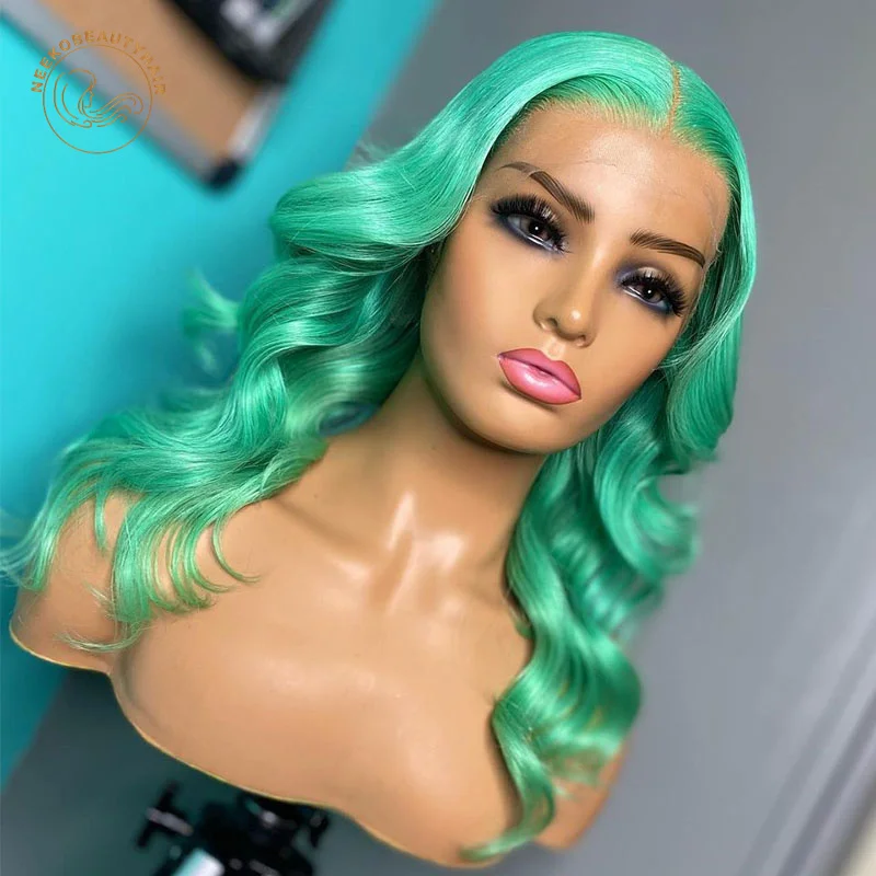 Perruque Lace Front Wig naturelle Body Wave, cheveux humains, vert menthe, vert citron, rose, marron, 13x4, densité 180%