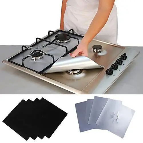 4 Pcs Square Foil Gas Hob Protector Liner Reusable Easy Clean Pad Burner Cooker Protector Heat Resistant Pad