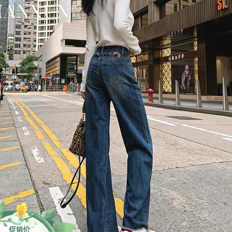

Free Shipping 2021 High Quality Long Pants For Women High Waist Trousers Spring Denim Wide Leg Jeans Size 25-31 Embroidery