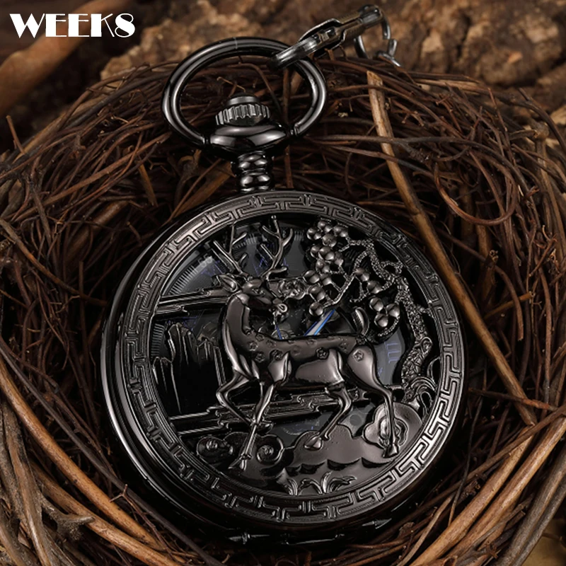 

Animal Deer Mechanical Pocket Watch Antique Vintage Steampunk Skeleton Luxury Black Engraved Fob Chain Clock for Men With Box