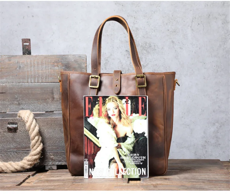 Fashion retro genuine leather men work tote bag casual natural crazy horse cowhide handbag designer large capacity shoulder bag