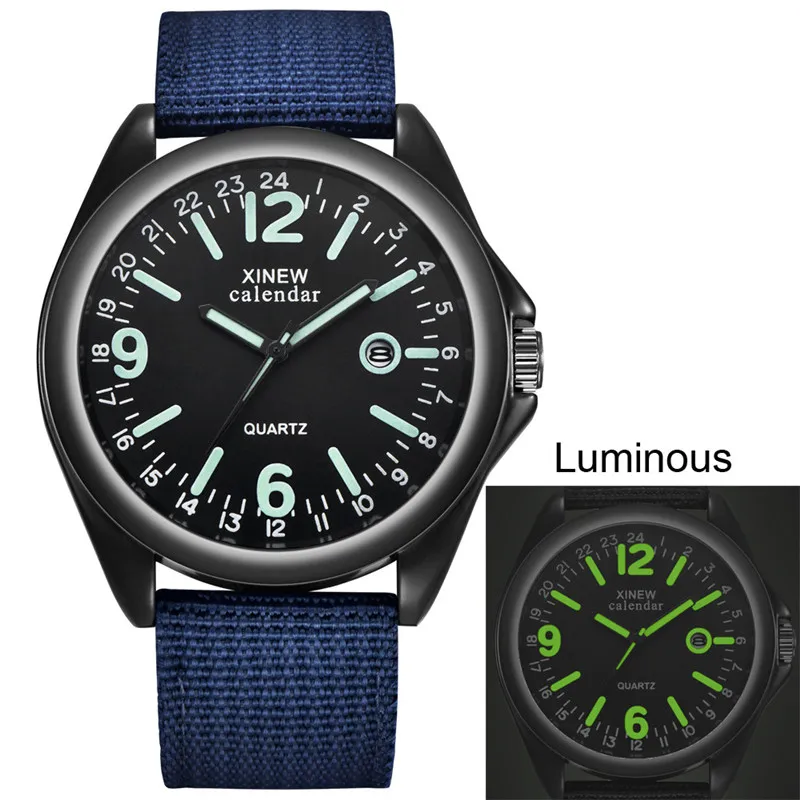 XINEW Men Watches Fashion Luminous Watches Nylon Strap Date Quartz Wristwatches Men Sports Watches horloge mannen reloj hombre