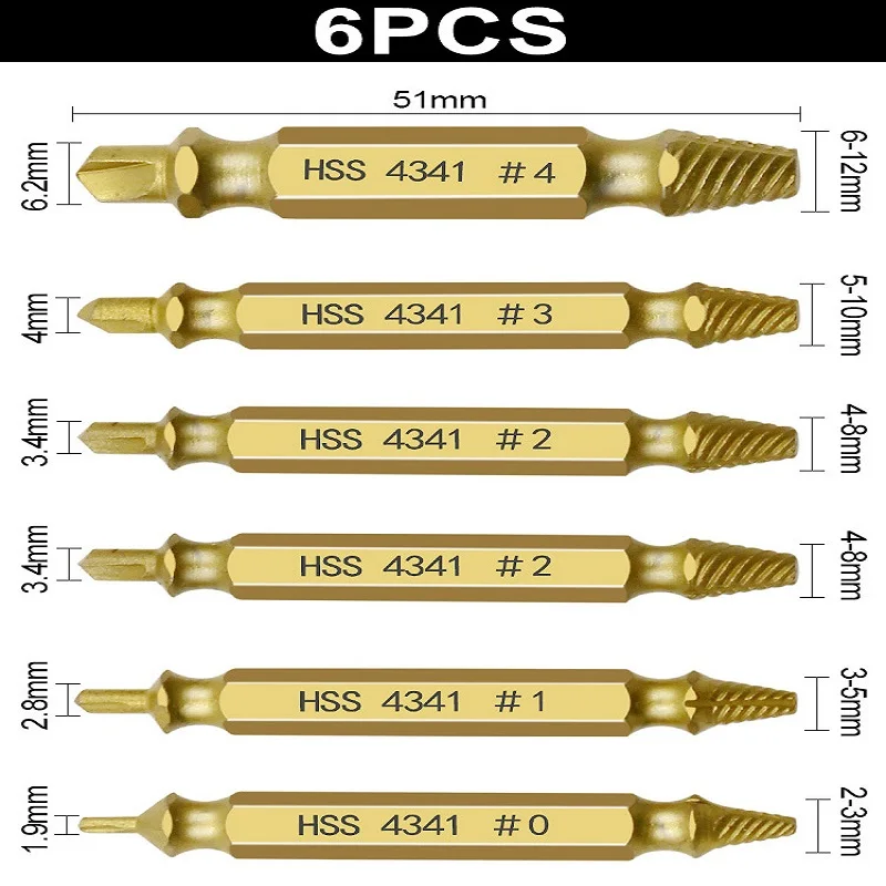 Damaged Screw Extractor Drill Bit Set, Broken Speed Out Bolt Extractor, Stud Remover Tool, 6Pcs