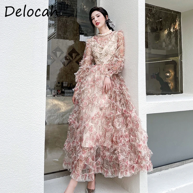 

Delocah New 2021 Autumn Women Fashion Runway Party Maxi Dress Lantern Sleeve Gorgeous Embroidery Ruffles Holiday Mesh Dresses