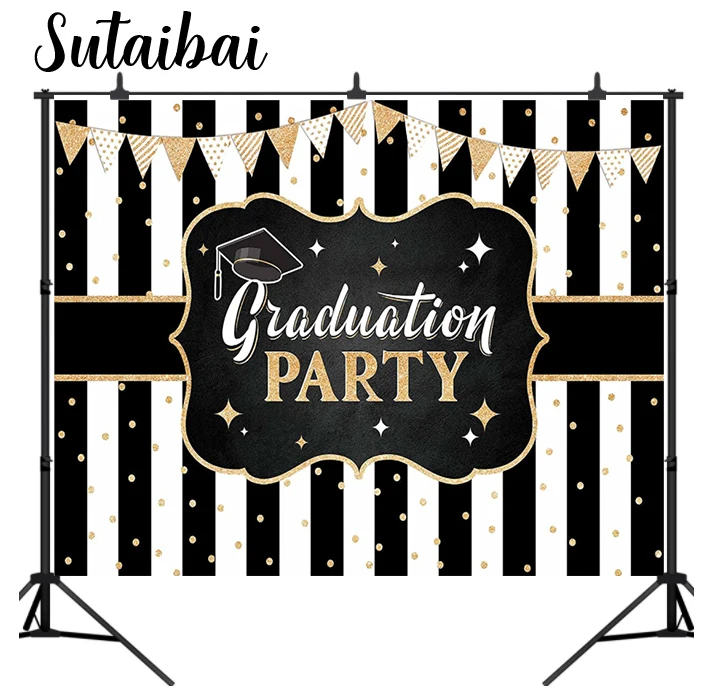 Class of 2021 Graduation Party Backdrop Classy Black White Strip Gold Embellishment Theme Photography Background