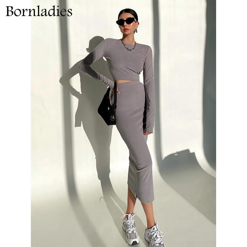 Bornladies 2022 Women Slim Tracksuits Short T Shirt & Elastic Waist Length Skirts Sets Female Sexy Skinny 2 Pieces Sets