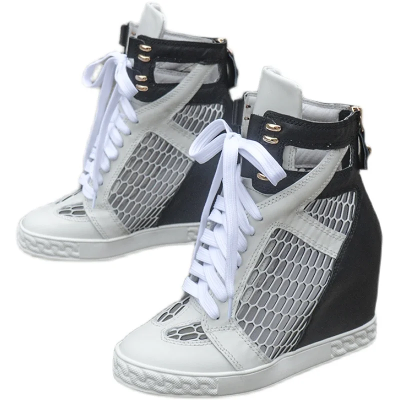 

Red Pink Yellow Black White Net Wedge Boots Height Increasing Patchwork Ankle Boots Lace Up Casual Sneakers Rubber Sole