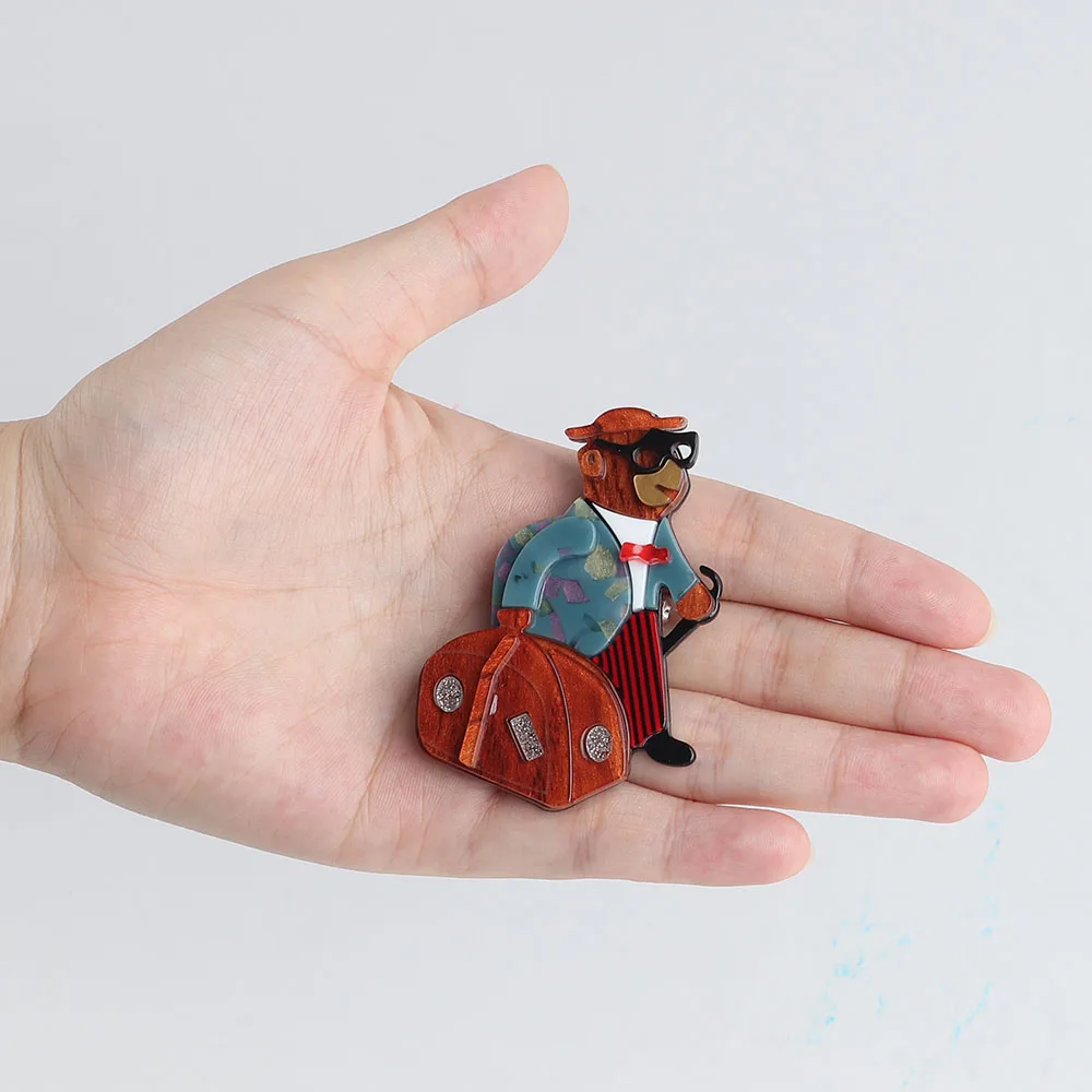 New Punk Cartoon Mr Bear with Traveling Bag Acrylic Brooch For Women Cute Resin Lapel Pins Brooches Badge Fashion Jewelry Gifts view 6