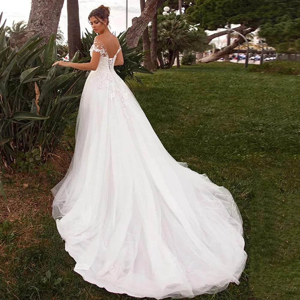 Vestido De novia clásico De tul De corte A, elegante Vestido De novia con cuello redondo, manga con apliques De encaje, 2021