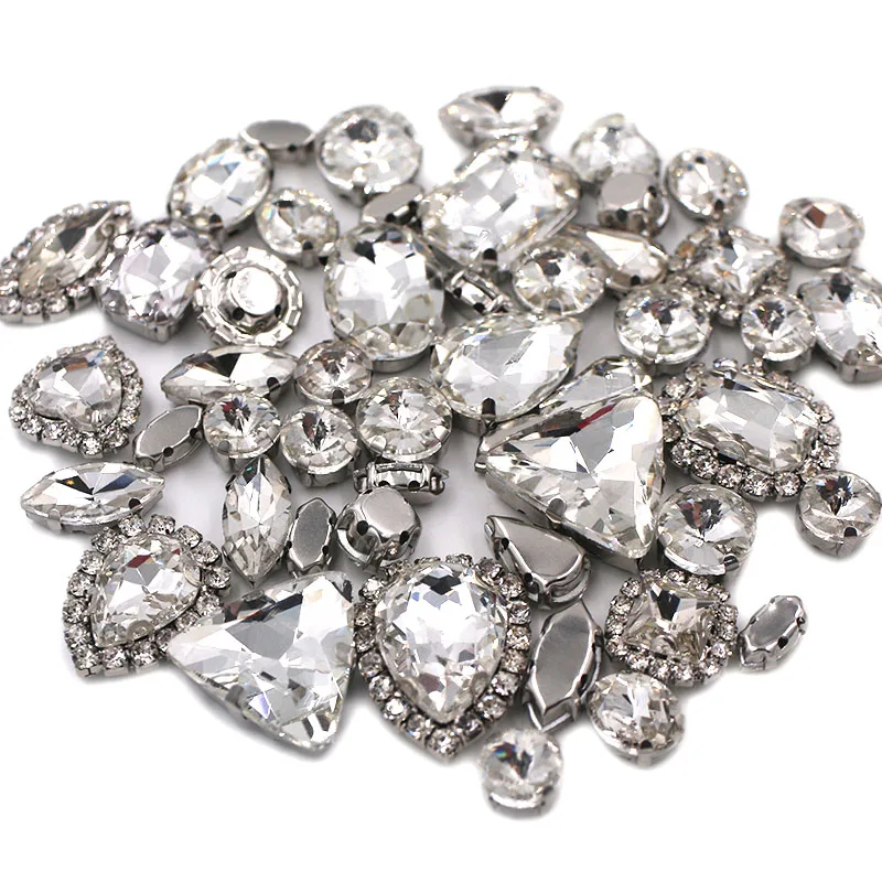 50pcs/Bag White Mixed Shape Sew on Glass Rhinestone Silver Claw and Crystal Buckle Diy Wedding Decoration Clothes/Shoe/Dress