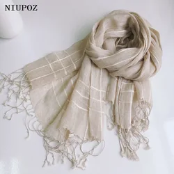 Women Foulard Elegant Stripe Linen Scarf Muslim Hijab Bandana Tassel Long Shawl Beautiful Sun Protection