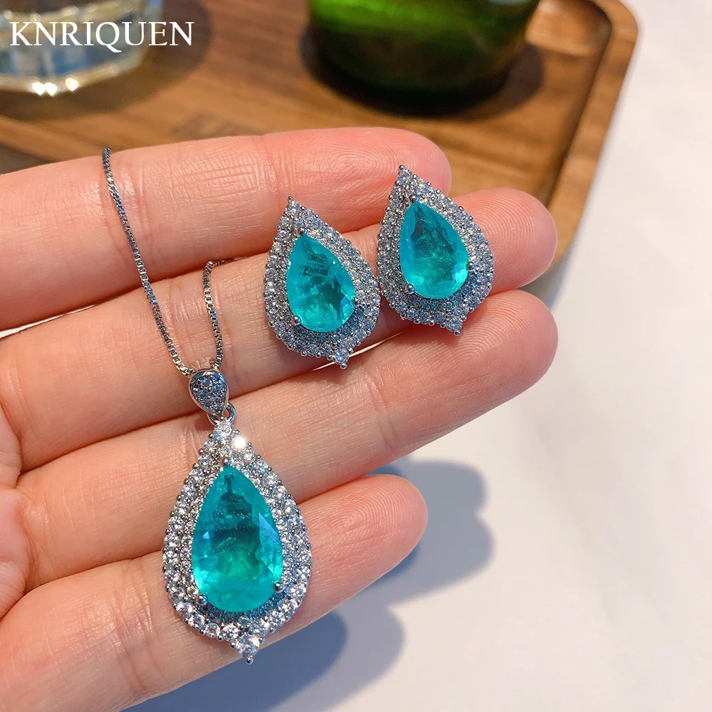 

Wedding Jewelry Sets Paraiba Tourmaline Blue Stone Aquamarine Lab Diamonds Women's Pendant Necklace Earrings Party Accessories