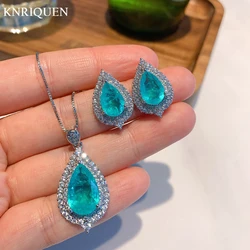 Wedding Jewelry Sets Paraiba Tourmaline Blue Stone Aquamarine Lab Diamonds Women's Pendant Necklace Earrings Party Accessories