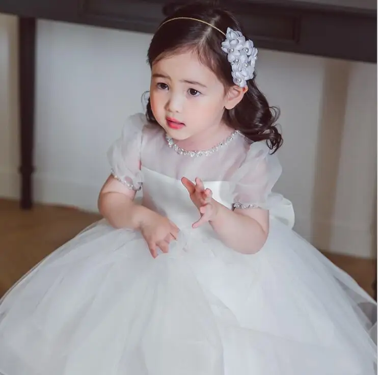 White Lace Beads Christening Dress for Baby Girl First Birthday Outfit Newborn Kids Party Dress Baptism Baby Girl Dress Wedding