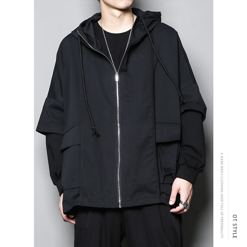 Dark Japanese fake two-piece zipper special cutting design jacket jacket work clothes casual loose hooded sweater