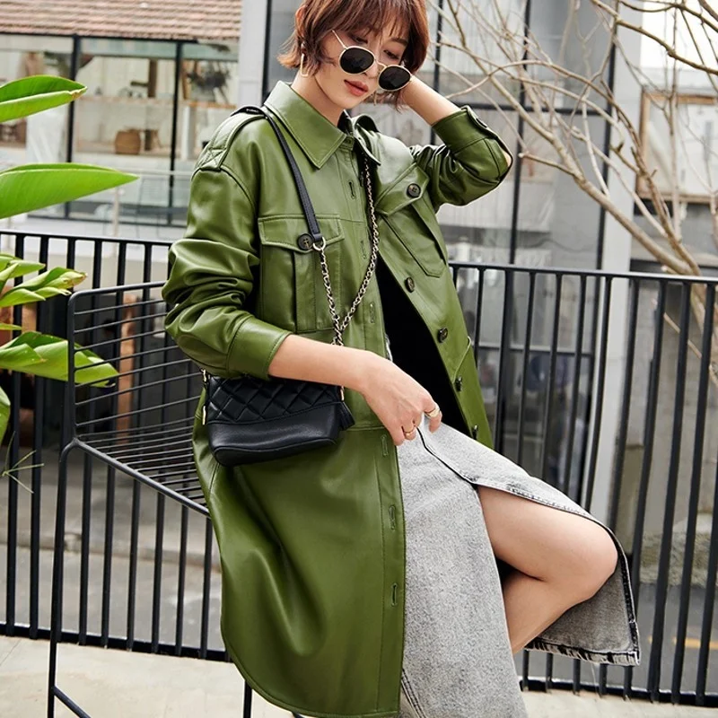 Slim Ladies Fit Qualites Sashes Sheepskin Trench Coats Fashion Single Breasted Pockets Genuine Leather Medium Length Overcoats